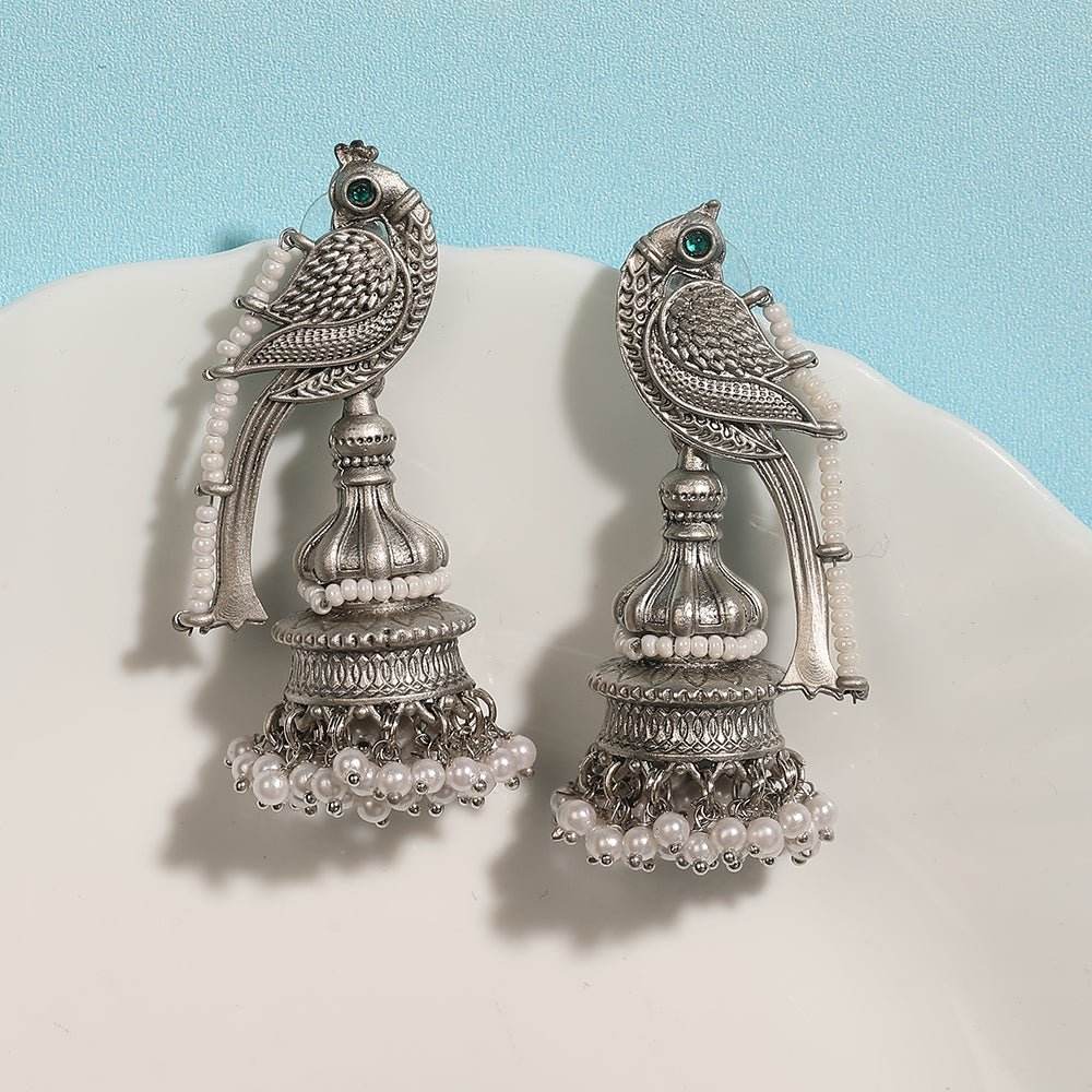 Buy Aviana Oxidized Silver Parrot Jhumka Earrings with Pearl Beads - Auraa Trends