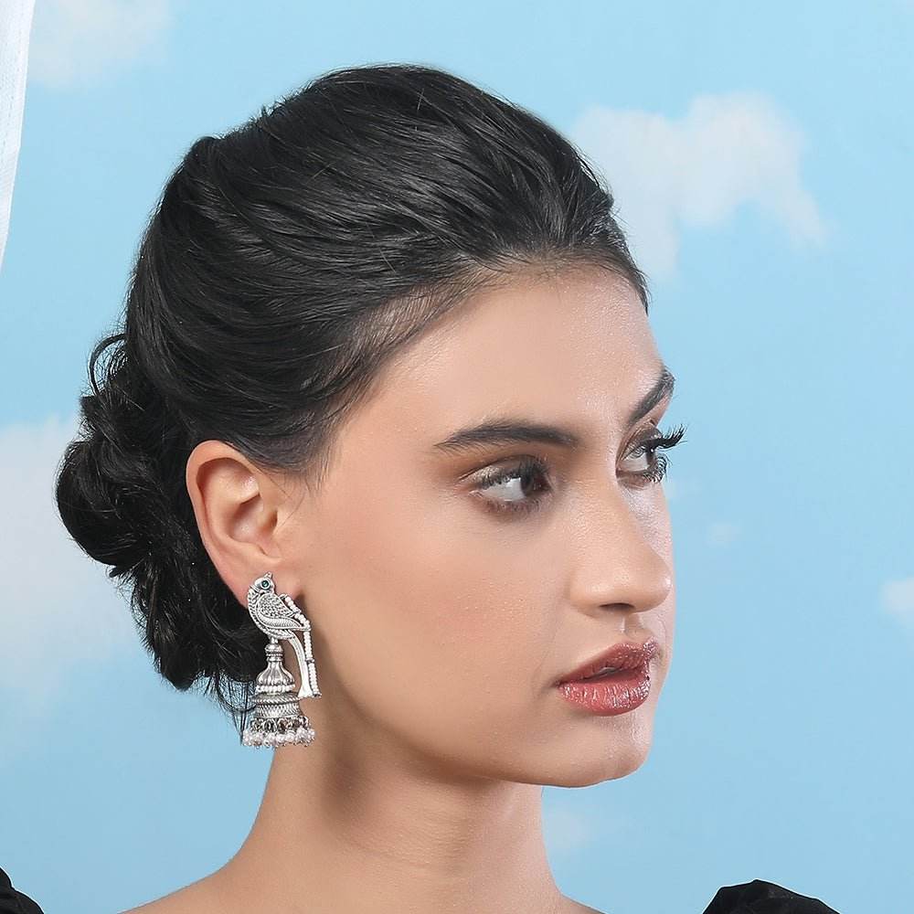 Buy Aviana Oxidized Silver Parrot Jhumka Earrings with Pearl Beads - Auraa Trends