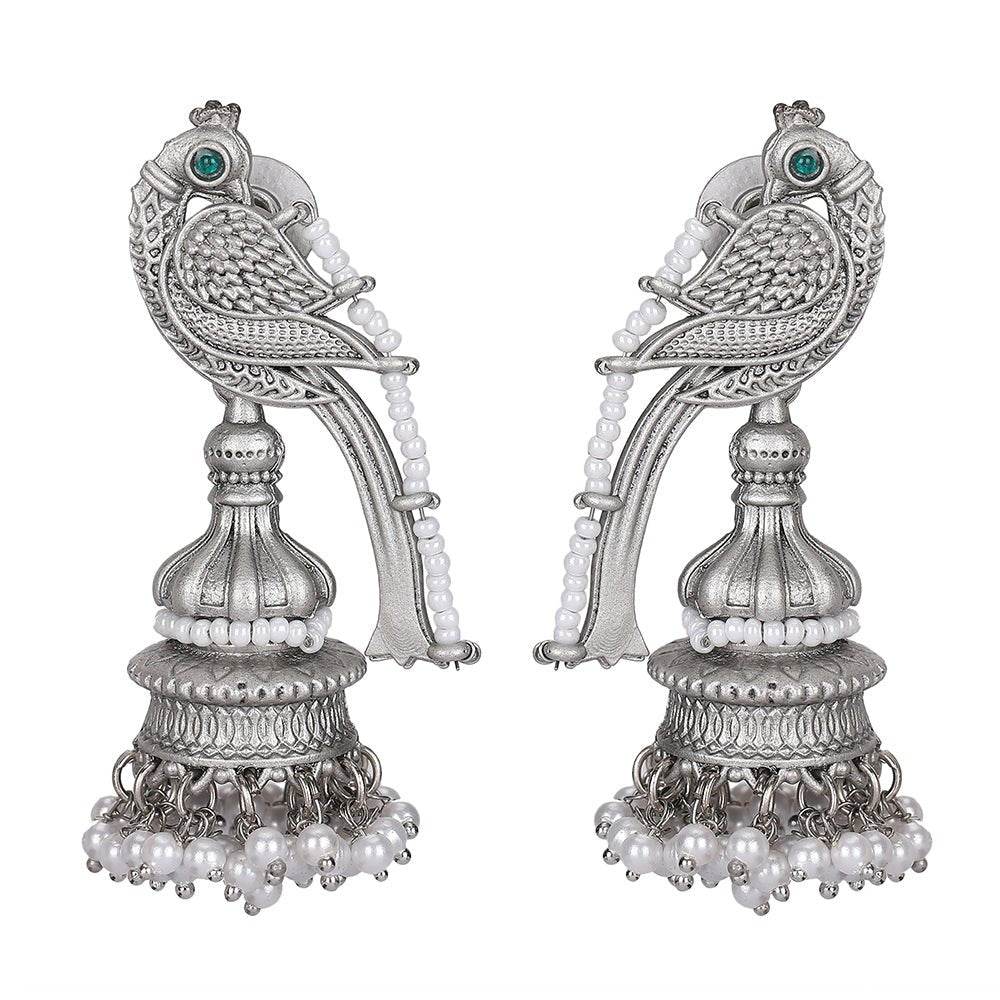 Buy Aviana Oxidized Silver Parrot Jhumka Earrings with Pearl Beads - Auraa Trends