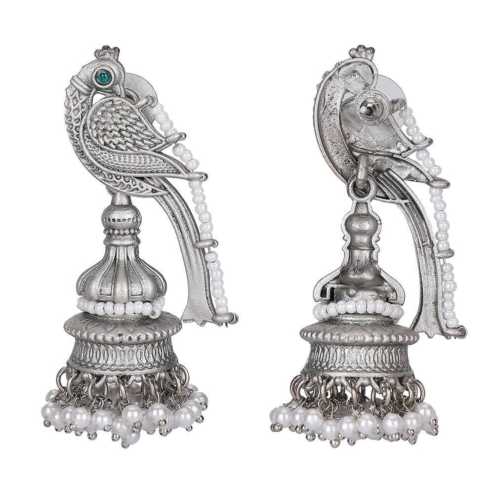 Buy Aviana Oxidized Silver Parrot Jhumka Earrings with Pearl Beads - Auraa Trends