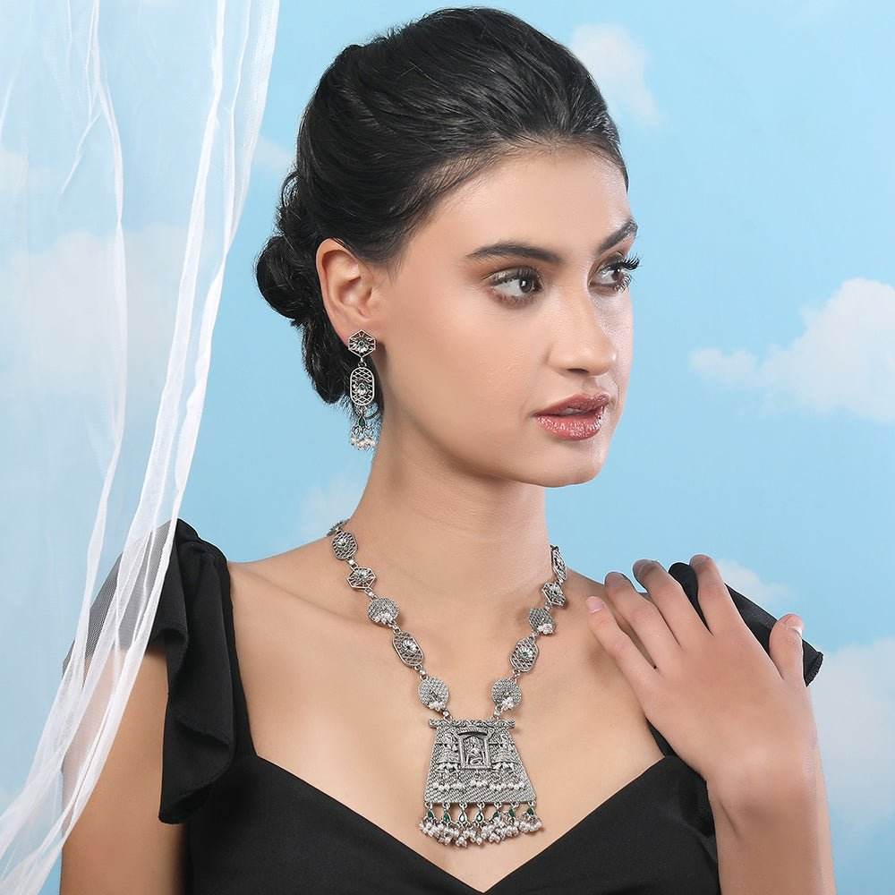 Buy Aviana Oxidized Silver Temple Pendant Necklace Set with Earrings - Auraa Trends