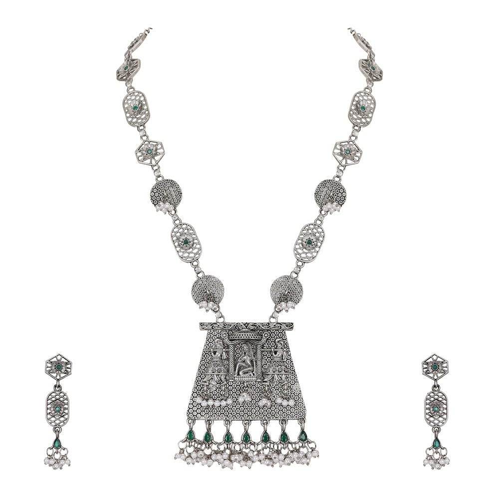Buy Aviana Oxidized Silver Temple Pendant Necklace Set with Earrings - Auraa Trends