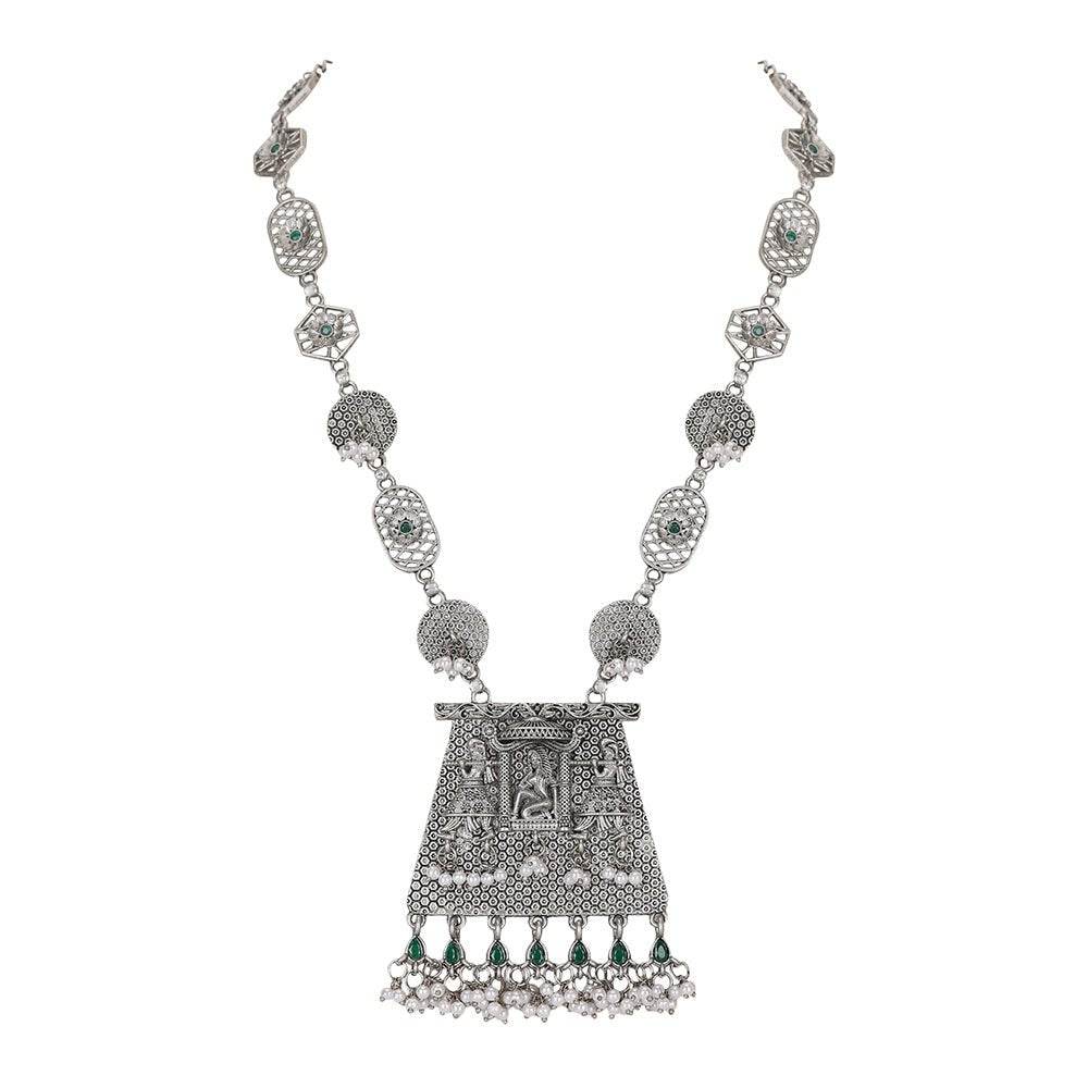 Buy Aviana Oxidized Silver Temple Pendant Necklace Set with Earrings - Auraa Trends