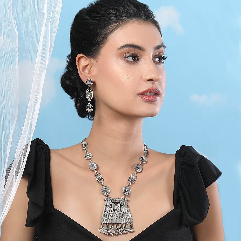 Buy Aviana Oxidized Silver Temple Pendant Necklace Set with Earrings - Auraa Trends