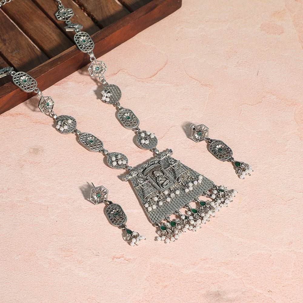 Buy Aviana Oxidized Silver Temple Pendant Necklace Set with Earrings - Auraa Trends