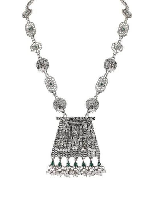 Buy Aviana Silver-Plated Artificial Stone Studded & Beaded Oxidized Necklace & Earrings - Auraa Trends