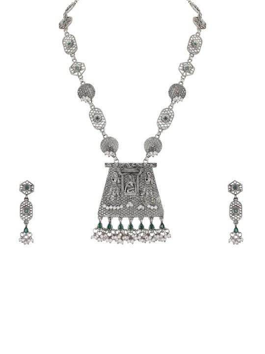 Buy Aviana Silver-Plated Artificial Stone Studded & Beaded Oxidized Necklace & Earrings - Auraa Trends