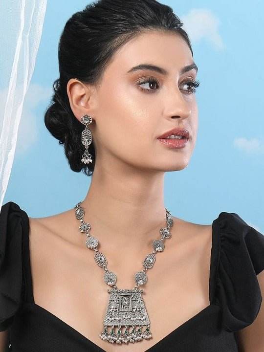 Buy Aviana Silver-Plated Artificial Stone Studded & Beaded Oxidized Necklace & Earrings - Auraa Trends