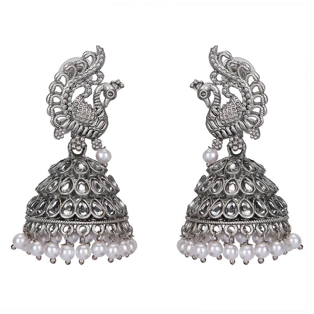 Buy Aviana Silver-Plated Crystal Studded Traditional Jhumka Earrings for Women - Auraa Trends