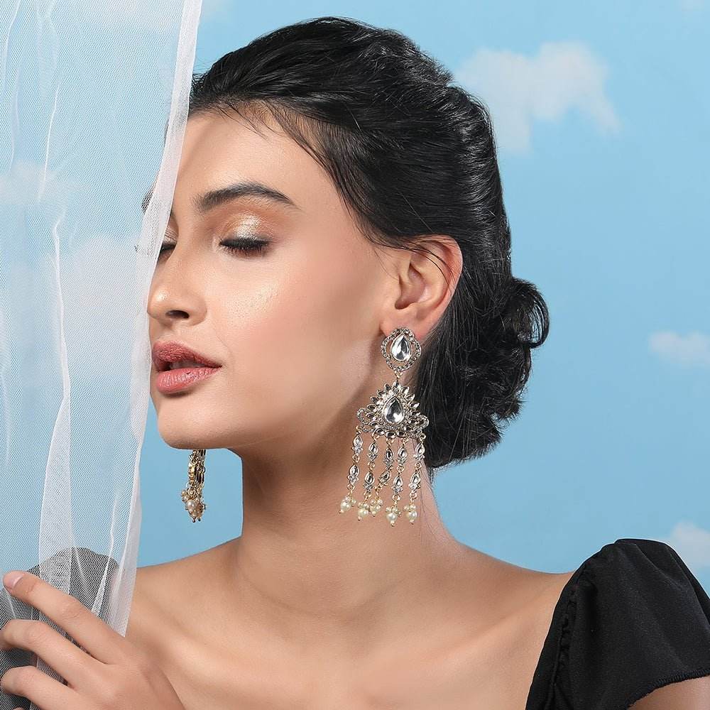 Buy Aviana Statement Mirror Dangler Earrings with Pearl Chain Tassels - Auraa Trends