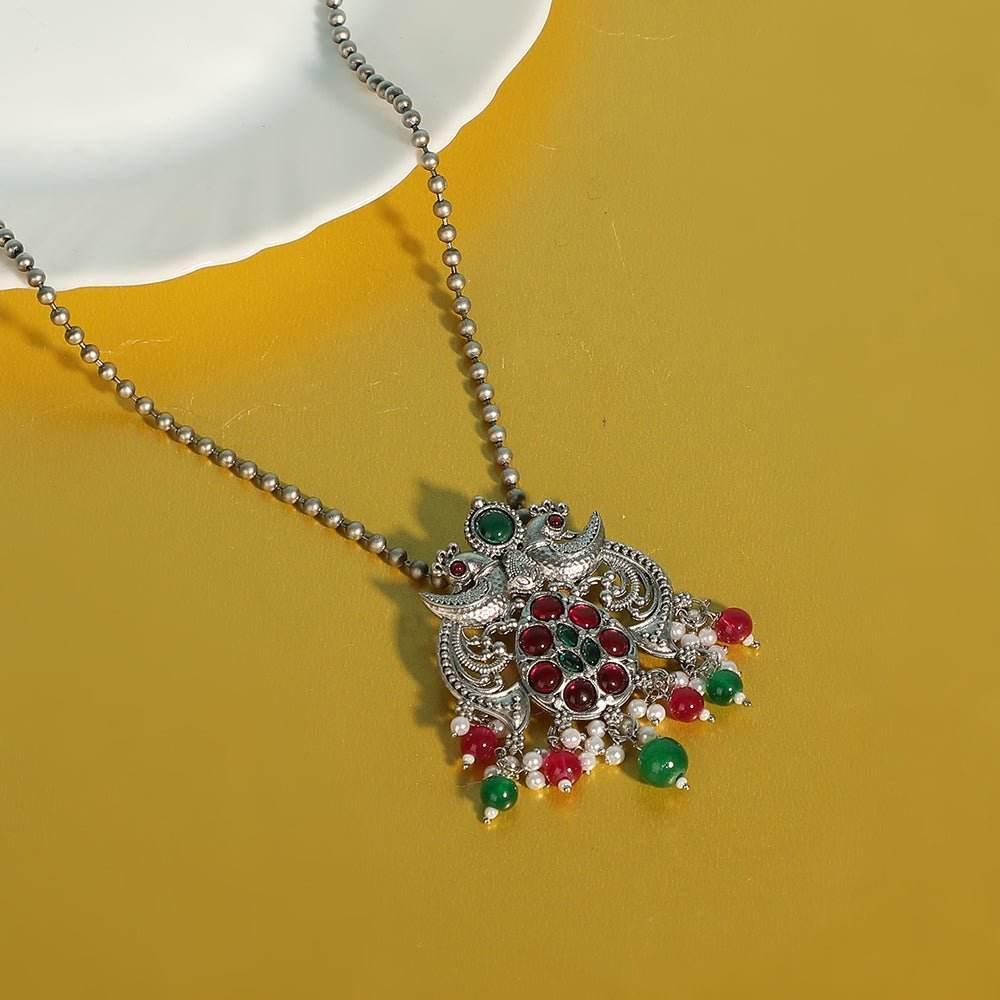 Buy Aviana Temple Style Silver Necklace with Red Green Beads - Auraa Trends
