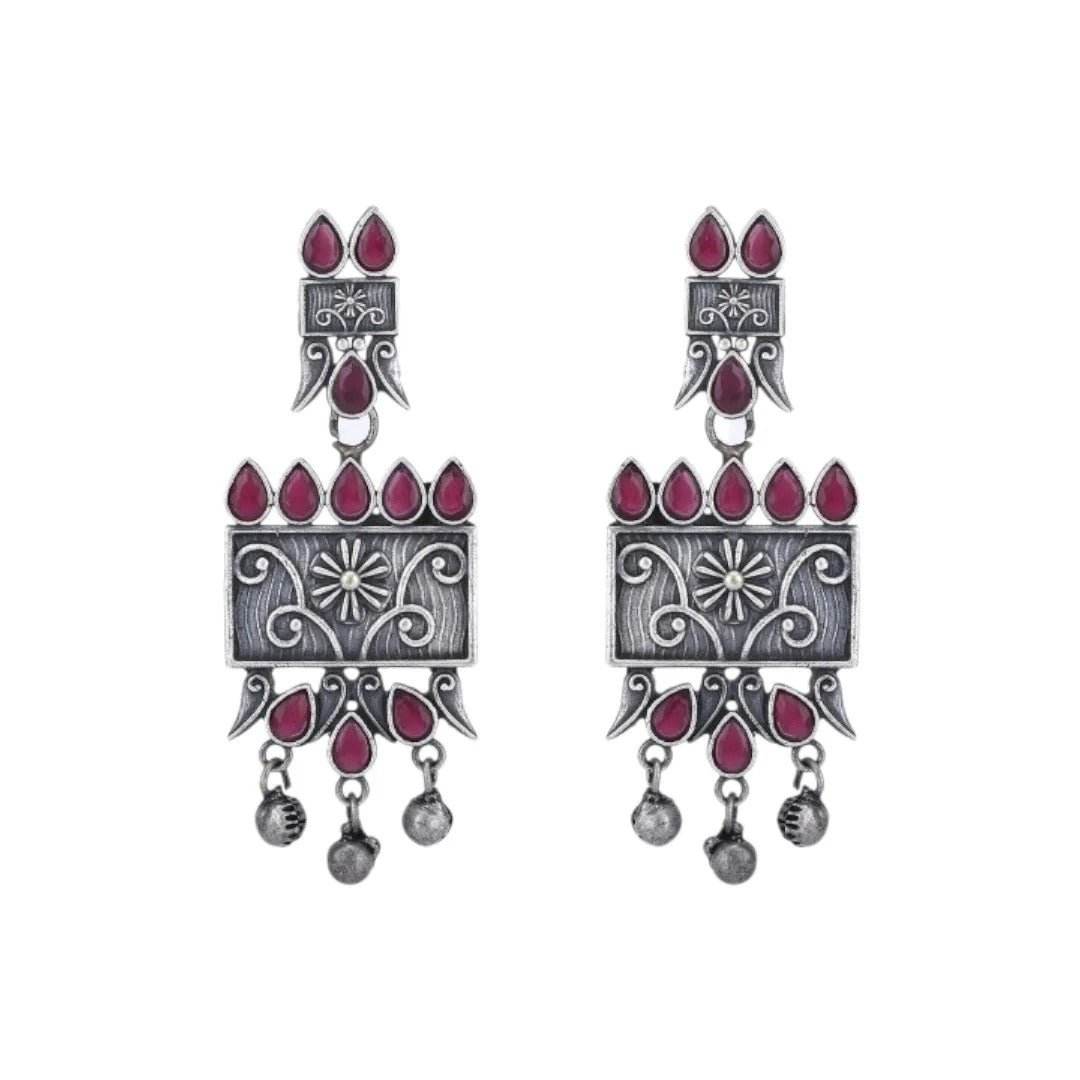 Buy Aviana Tribal Oxidized Silver-Plated Necklace Set Featuring Red Stone Embellishments and Dangling Drop Earrings - Auraa Trends