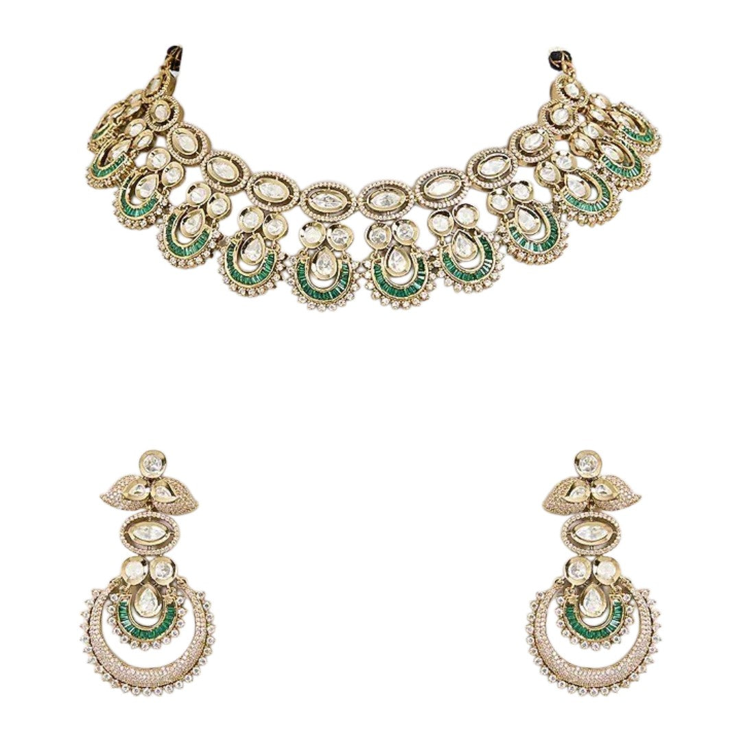 "Antique gold Kundan choker necklace with green baguette crescent accents and matching chandbali drop earrings"