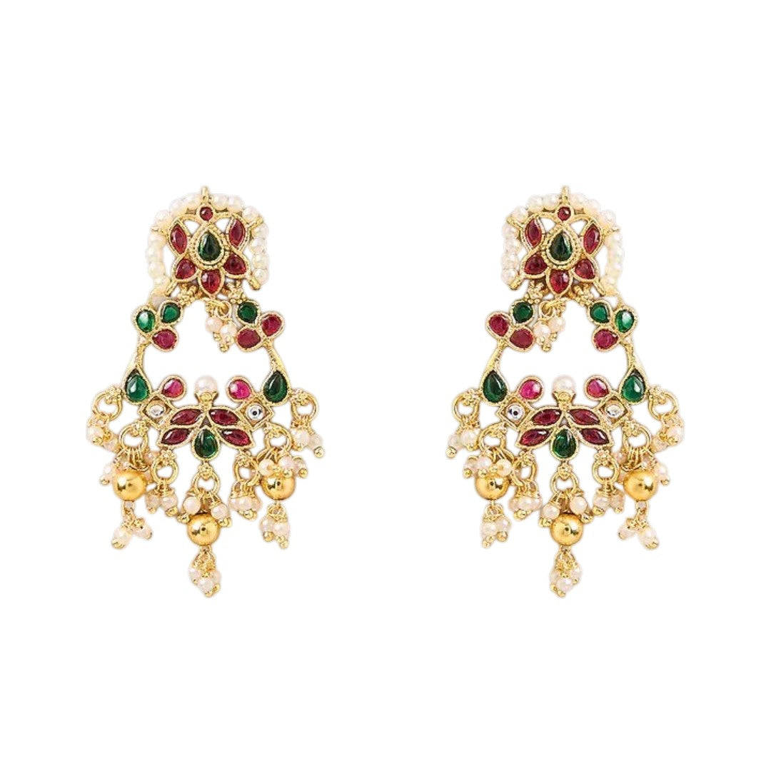 Traditional red green stone gold-tone choker necklace set with matching earrings