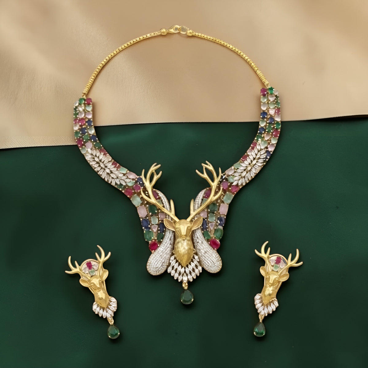 Antique Gold Stag Head Statement Necklace Set