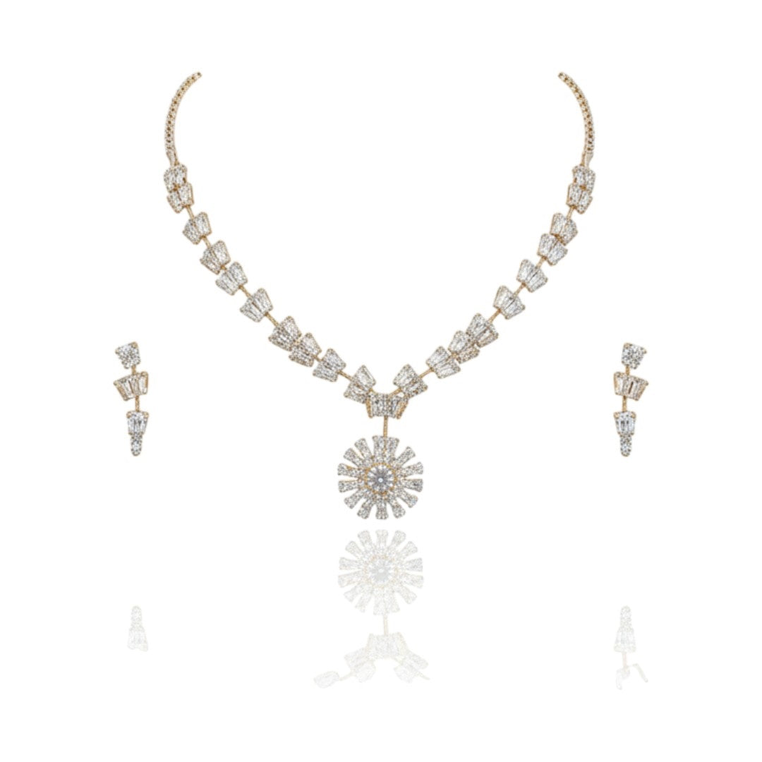 Floral American Diamond Necklace and Earring Set on Red Velvet Display Stand