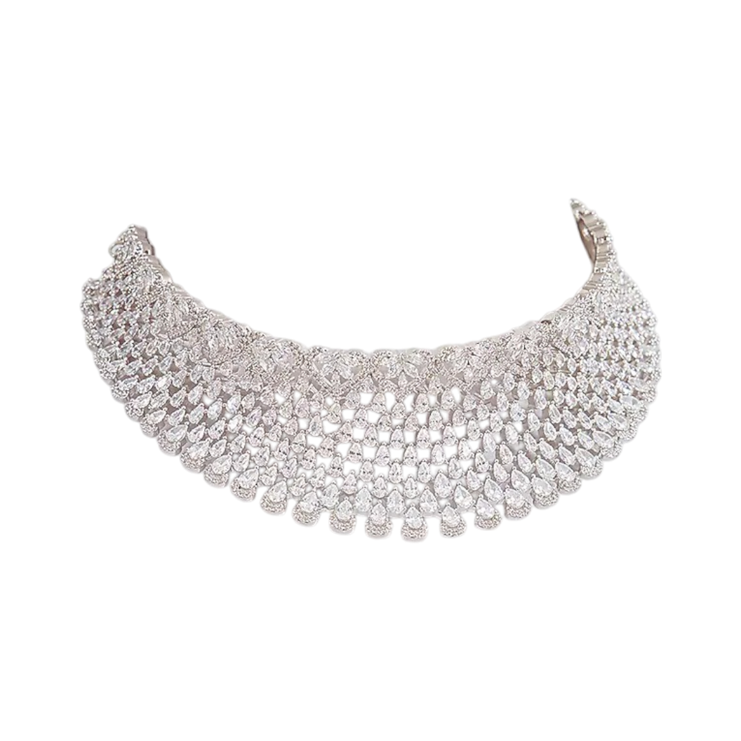 āElegant silver diamond look choker necklace set with matching long earrings for womenā