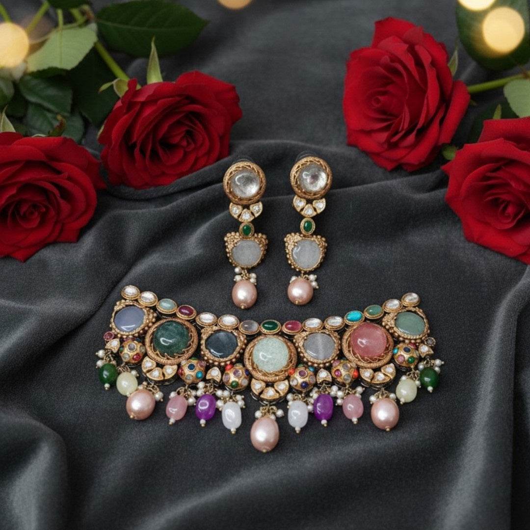 Multicolor Kundan Choker Necklace Set with Earrings - Auraa Trends