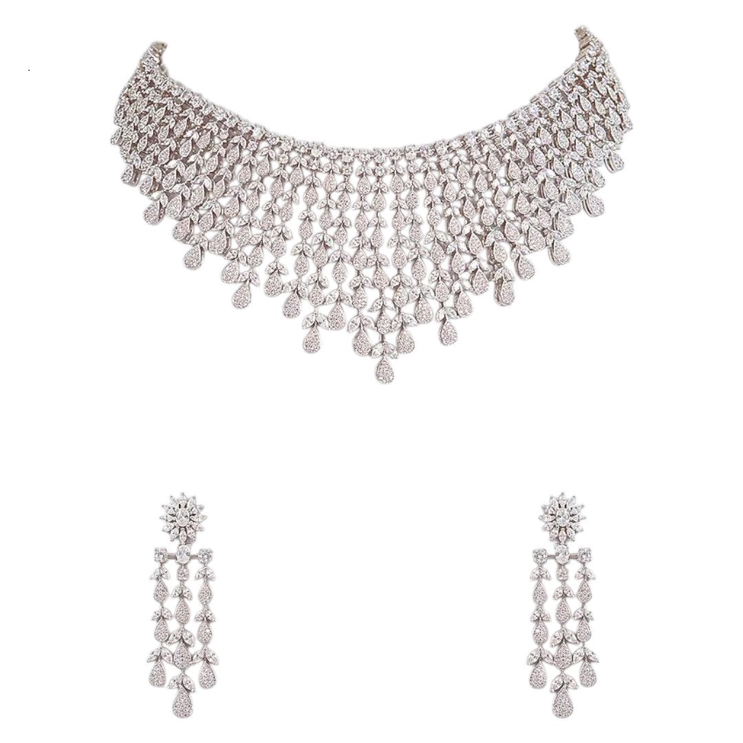 Luxury silver-plated diamond choker necklace set with matching long earrings
