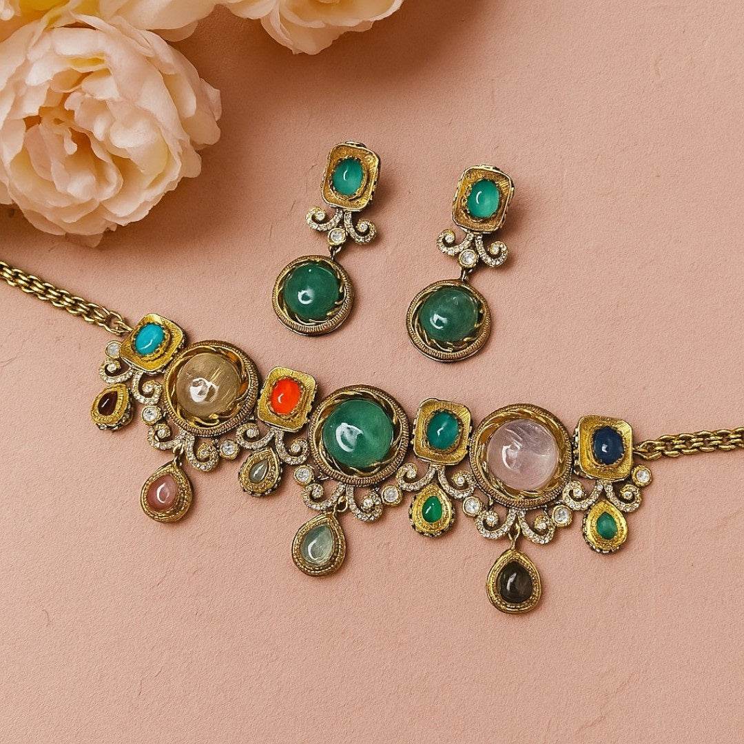 Multicolor Gemstone Statement Necklace Set with Earrings - Auraa Trends