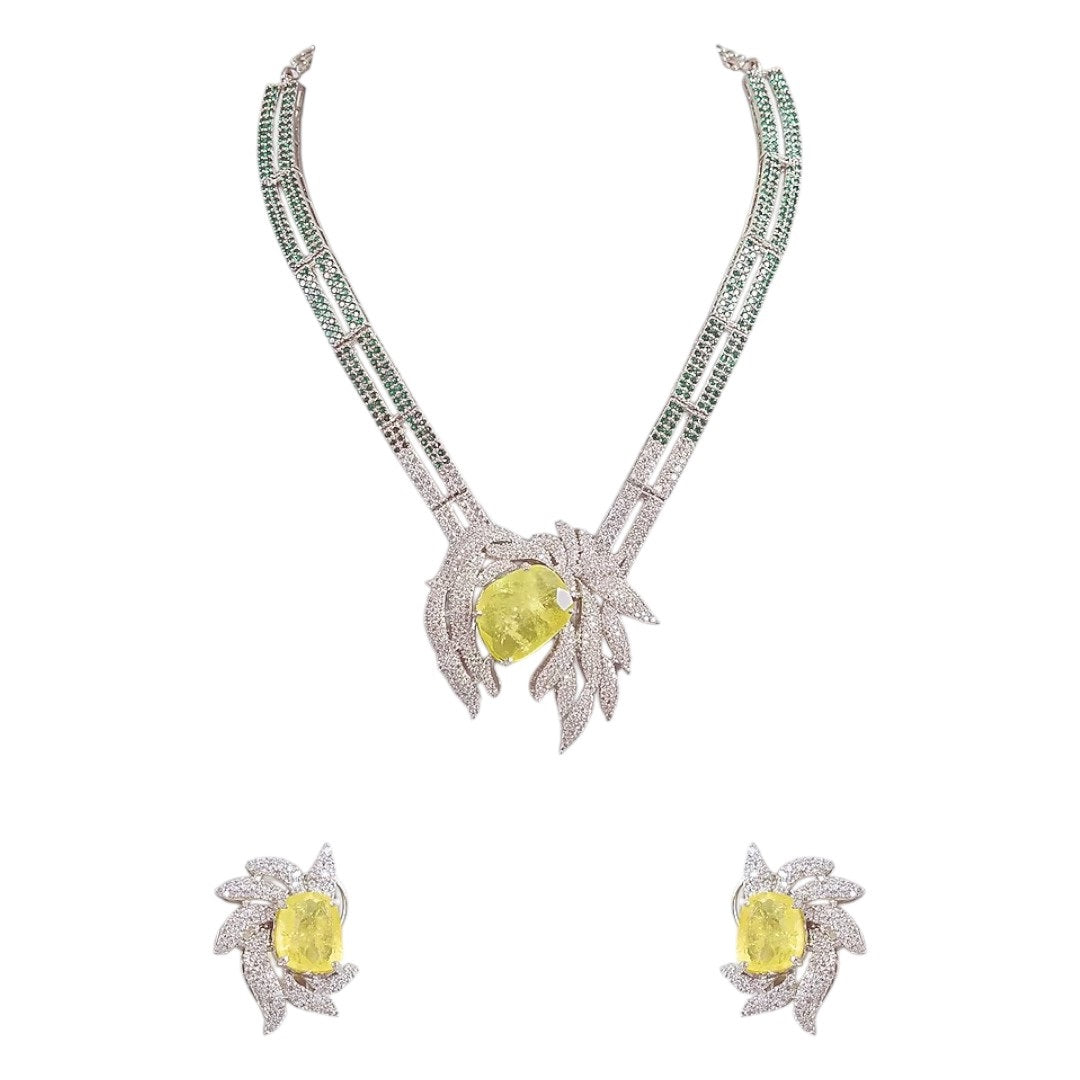 Luxury silver plated necklace set with yellow gemstone and matching earrings
