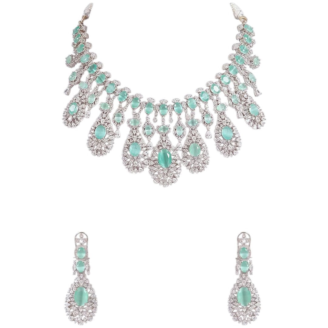 Silver-plated choker necklace set with mint green oval stones and CZ diamonds, featuring matching drop earrings for women
