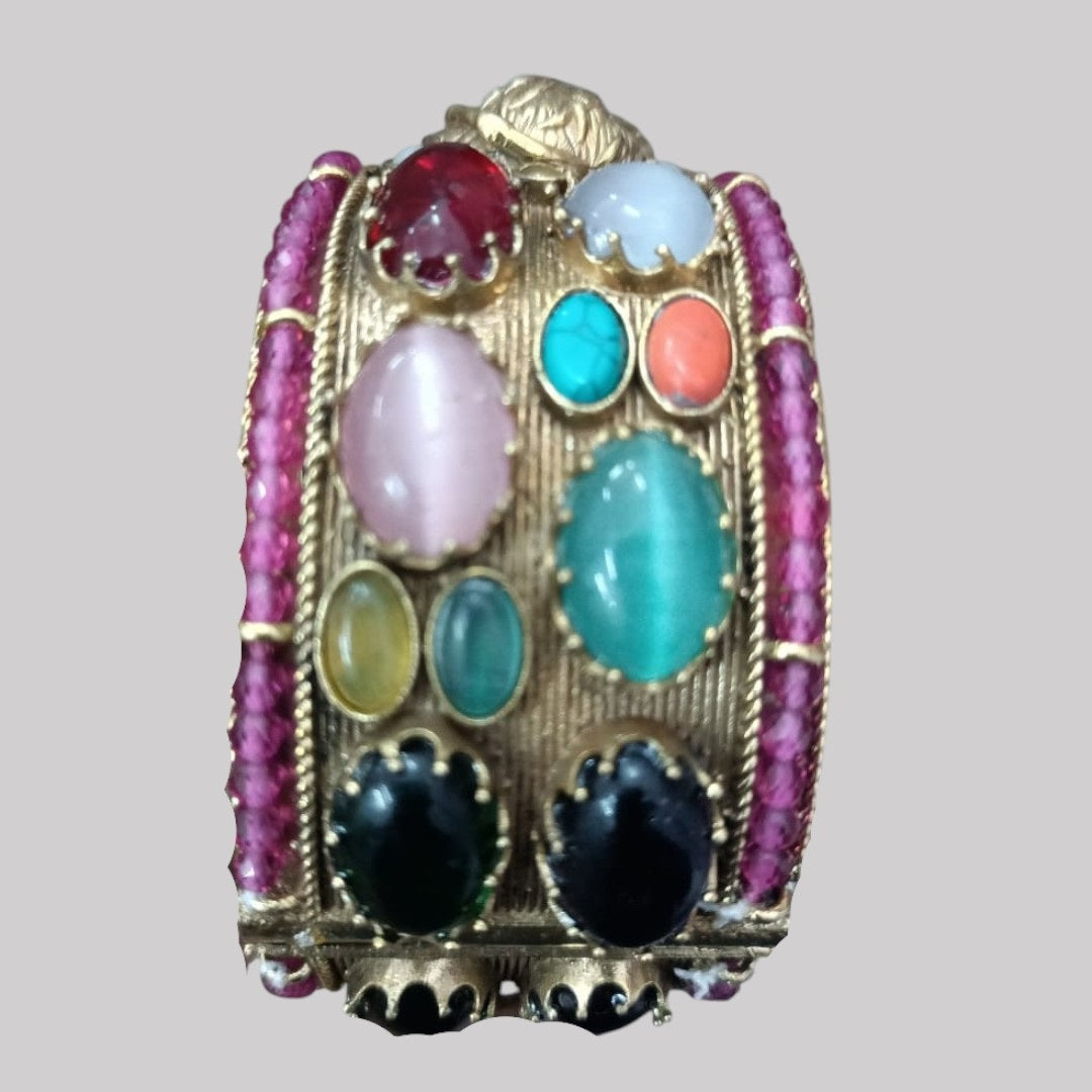 Antique gold-plated Navratna bangle with multi-colored gemstones