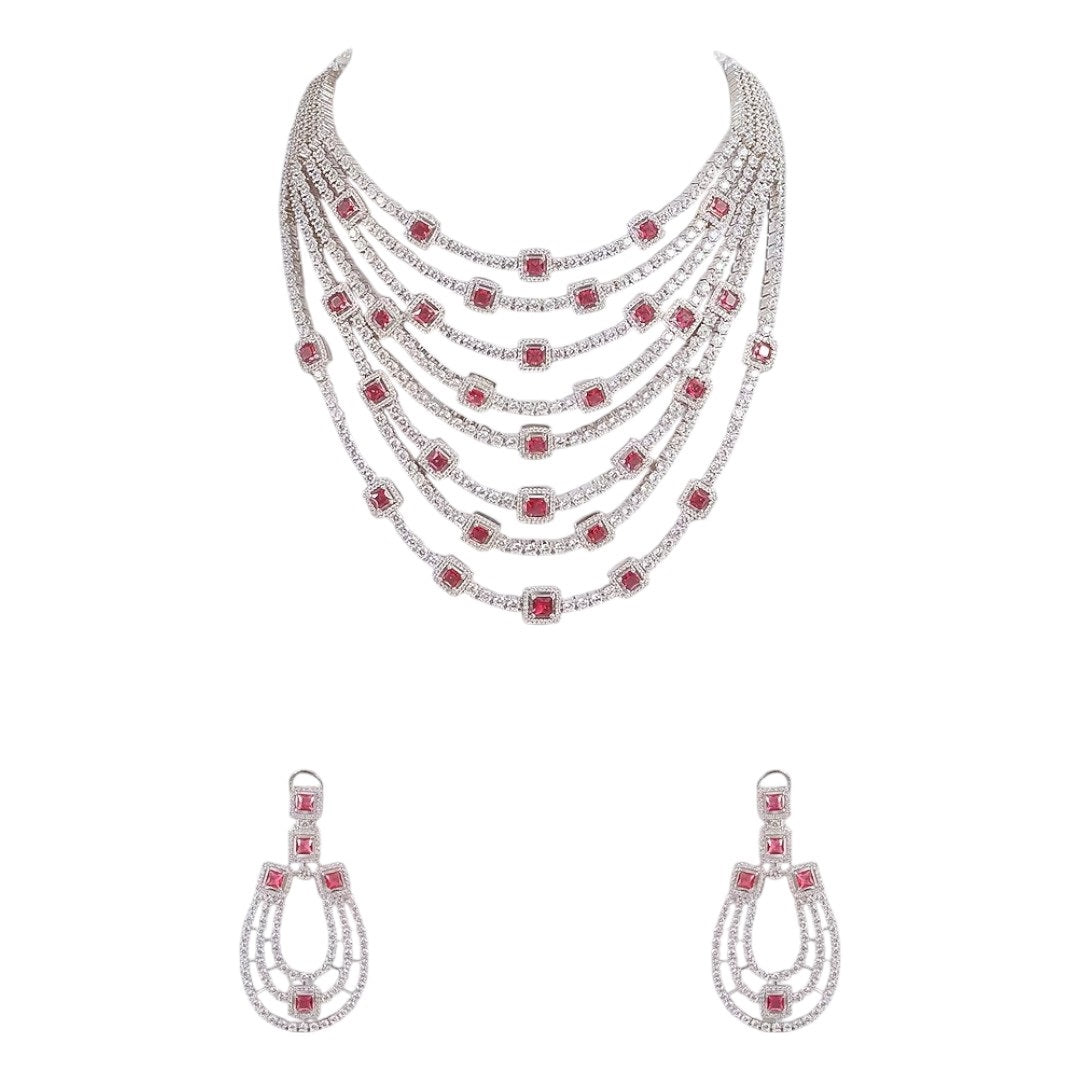 âLuxury multi-layer ruby and diamond choker necklace set with matching earrings for womenâ