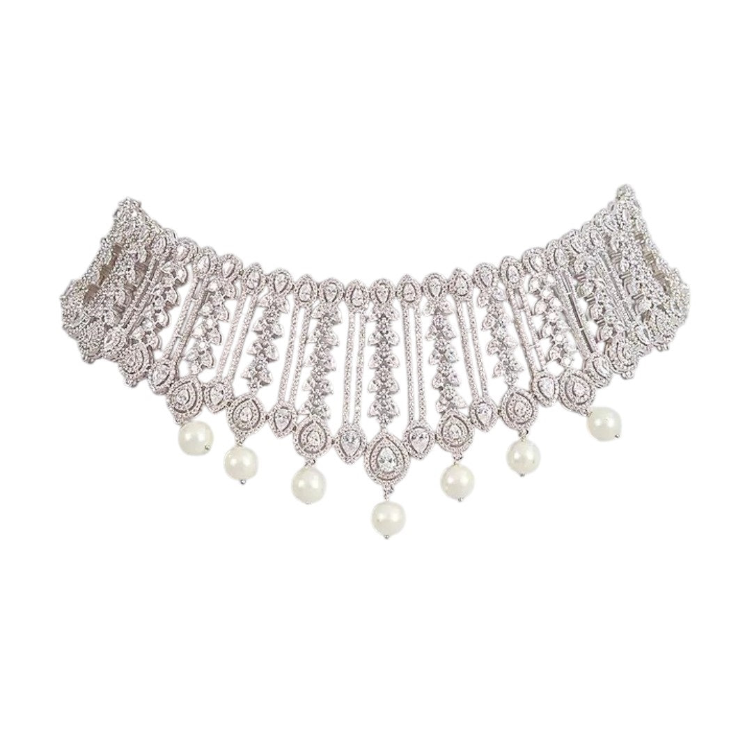 Silver-plated bridal choker necklace with cubic zirconia stones and pearl drops, elegant ethnic jewelry for women