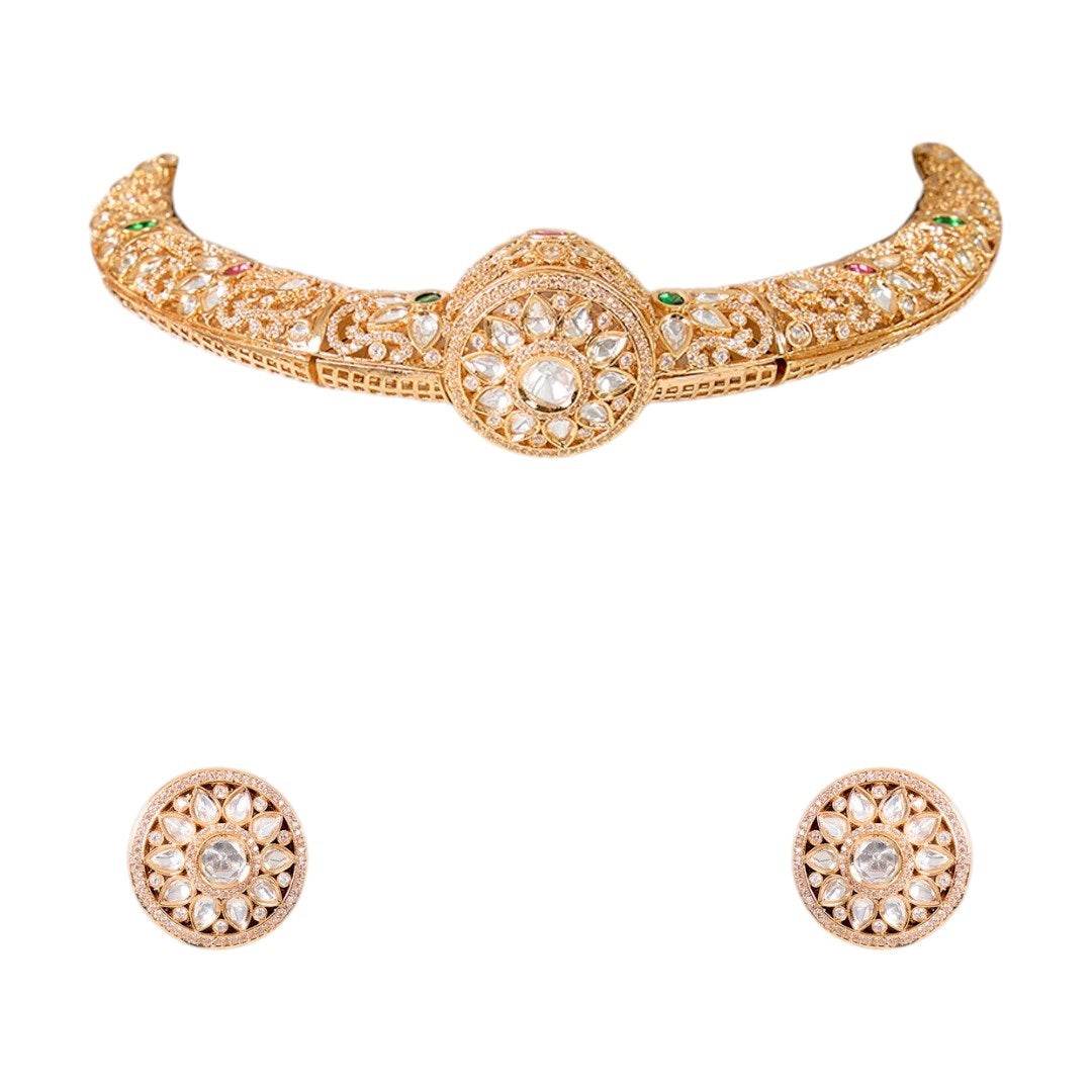 Antique Gold Kundan Choker Belt Necklace Set with Round Stud Earrings - Auraa Trends