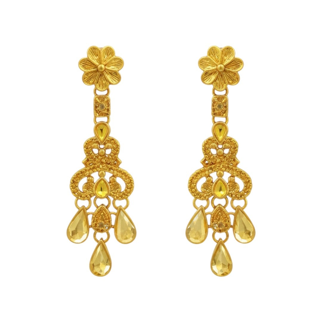 Royal gold plated bridal necklace set with matching earrings and maang tikka displayed on red velvet stand