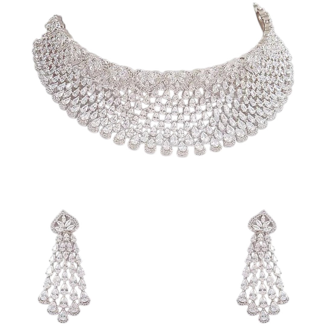 āElegant silver diamond look choker necklace set with matching long earrings for womenā