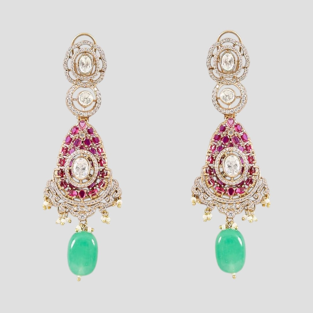 Bridal Gold-Plated Pink Stone & Green Bead Kundan Necklace & Earrings Jewellery Set