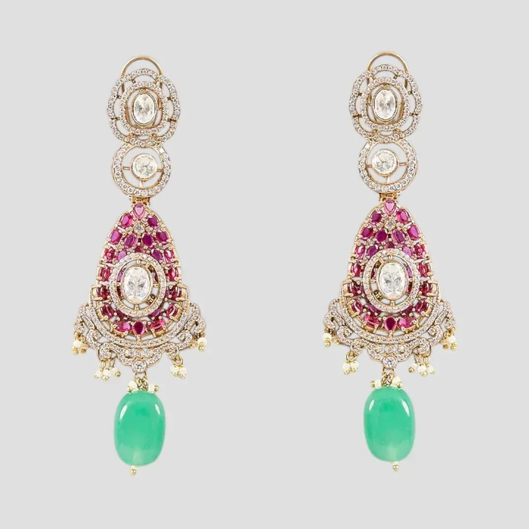 Bridal Gold-Plated Pink Stone & Green Bead Kundan Necklace & Earrings Jewellery Set - Auraa Trends