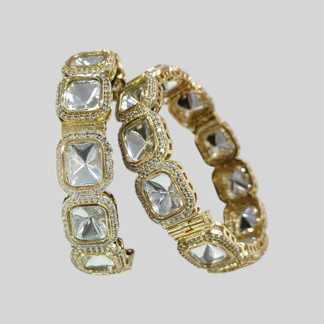 Premium Gold-Plated Kundan Bangles with Square Polki Stones