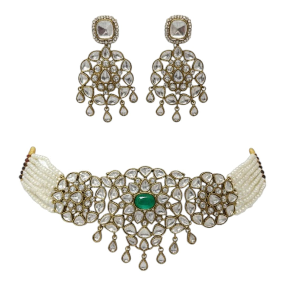 Pearl Beaded Kundan Choker Necklace Set with Green Stone and Earrings – Traditional Bridal Jewelry"