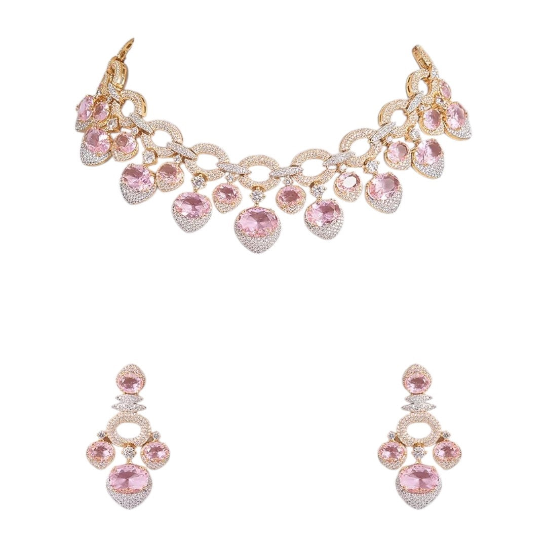 Pink CZ and Gold-Plated Stone Choker Necklace Set with Matching Earrings for Women