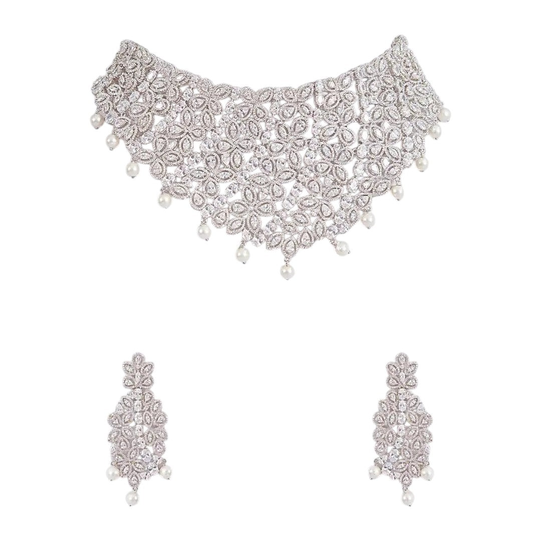 Diamond and pearl choker necklace set with silver plating and floral design – bridal jewelry set for women