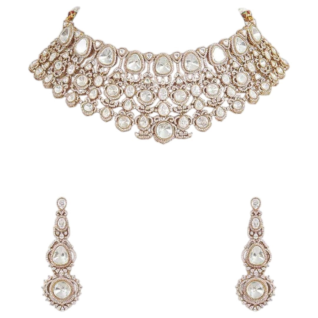 āTraditional gold kundan choker necklace set with matching long earrings for womenā