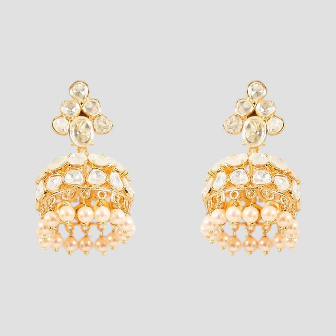 Gold-plated multi-layered Kundan necklace set with matching jhumka earrings”