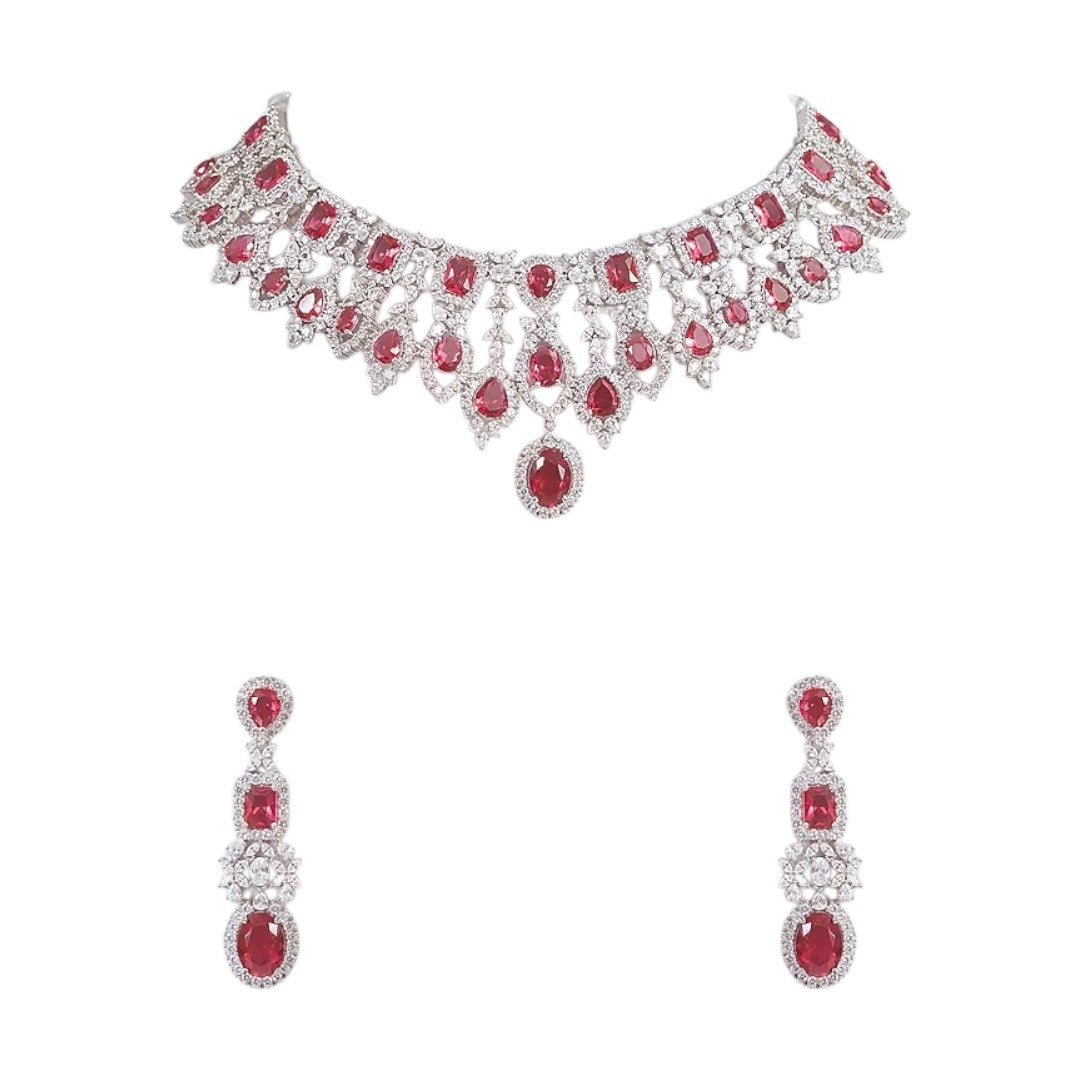 Silver-plated choker necklace set with ruby red stones and cubic zirconia diamonds, paired with matching long drop earrings for women