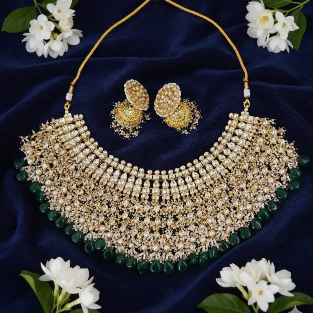 Royal Kundan Pearl & Green Bead Bridal Necklace Set with Jhumka Earrings - Auraa Trends