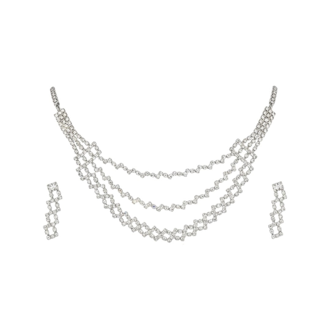 Elegant Layered Diamond Look Choker Necklace Set with Earrings – Silver Crystal Finish