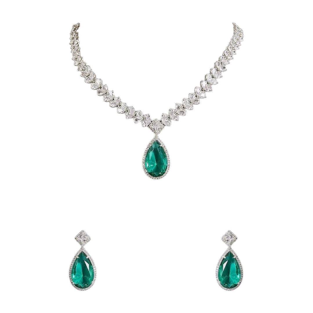 Emerald Green Teardrop Necklace Set with Matching Earrings - Auraa Trends