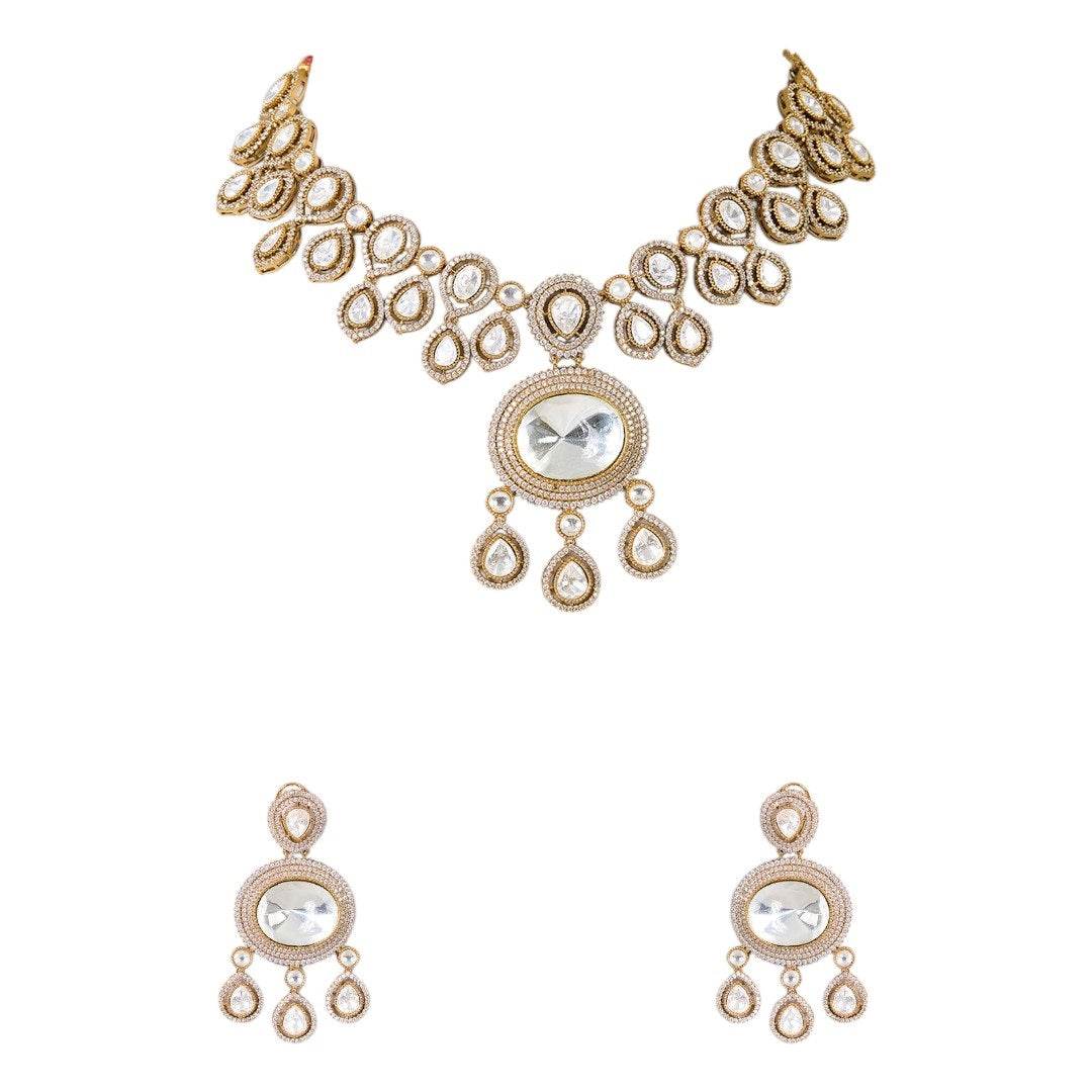 Gold-Toned Kundan Polki Bridal Necklace Set with Matching Earrings - Auraa Trends