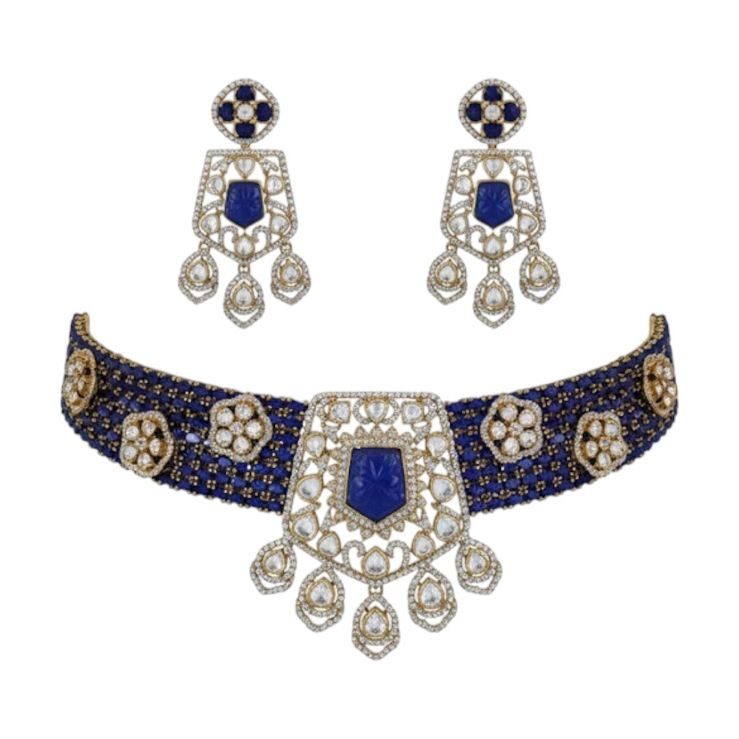 "Royal Blue Beaded Kundan Choker Necklace Set with Earrings – Traditional Indian Bridal Jewelry"