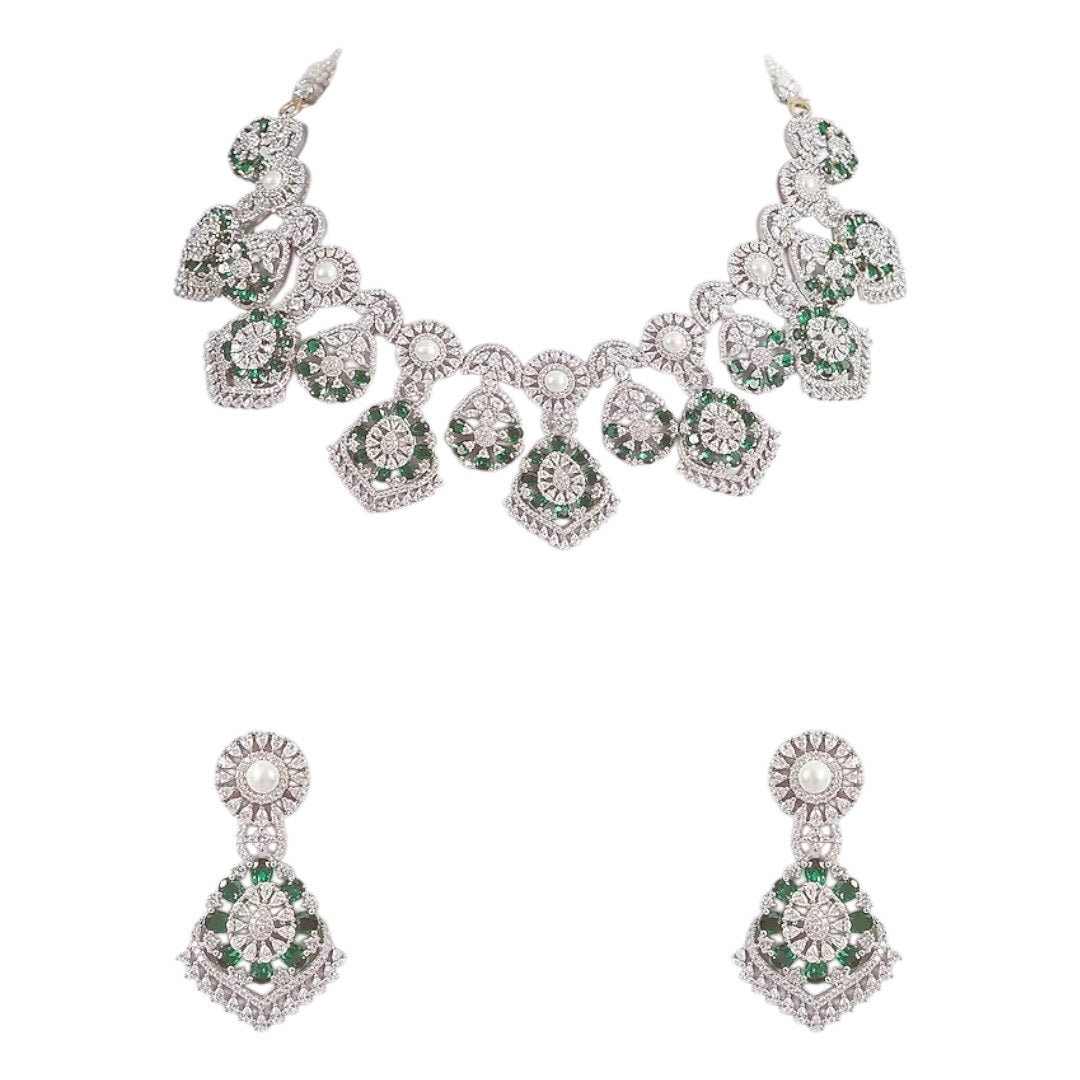 Silver and Green CZ Stone-Plated Designer Necklace Set with Matching Earrings for Women