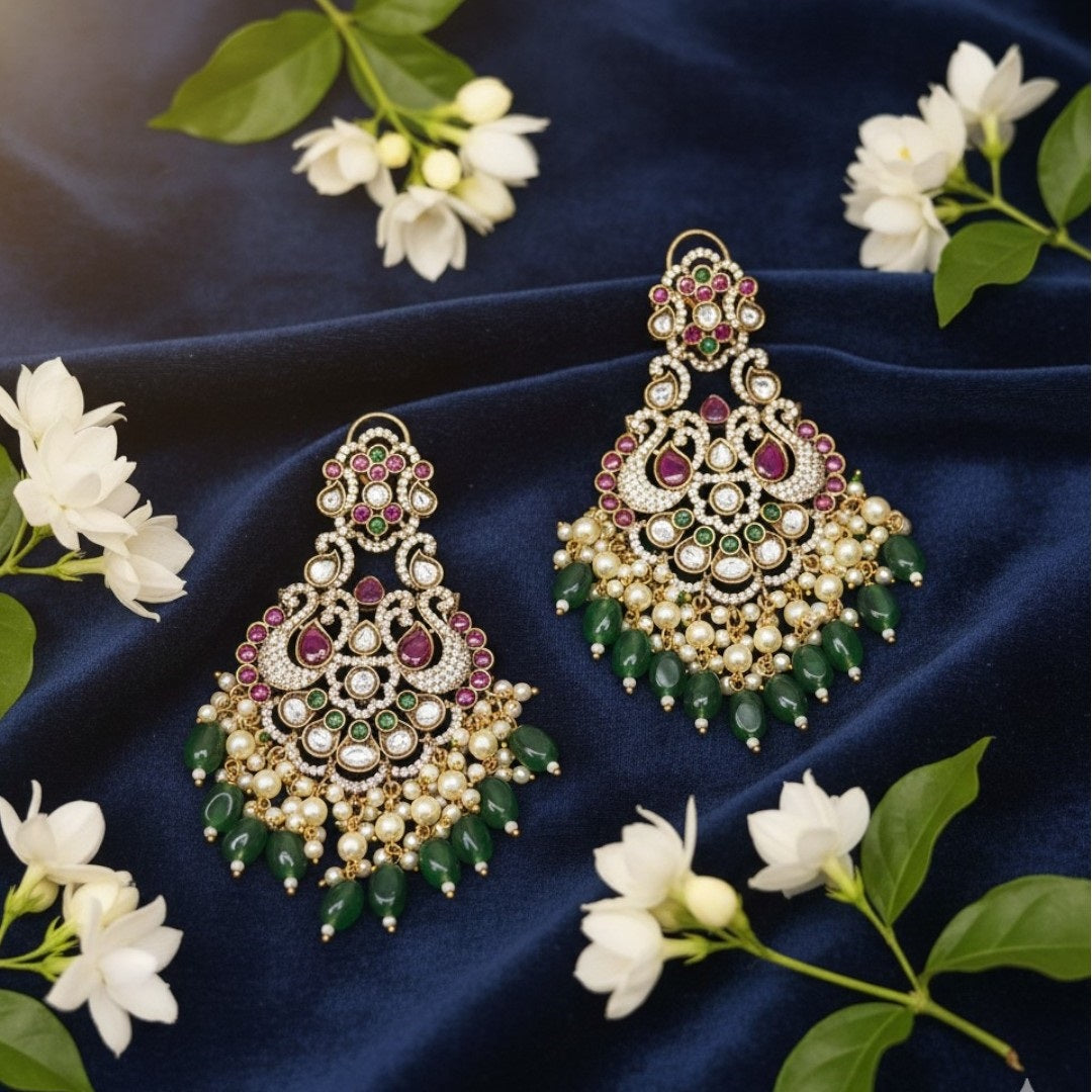 Antique Gold Kundan Chandbali Earrings with Pearl and Green Bead Drops