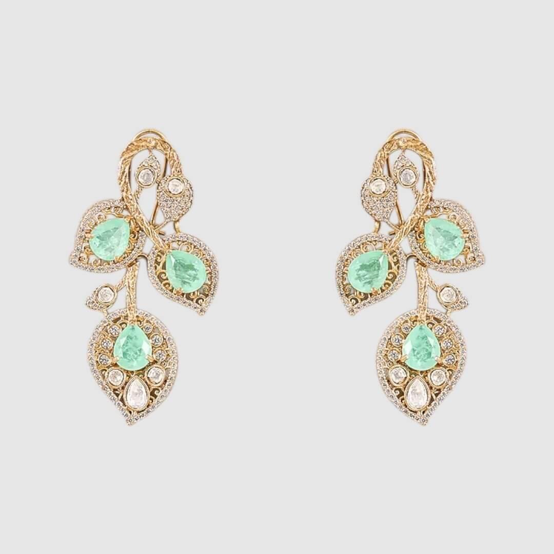 Elegant Mint Green & White Stone Leaf-Design Necklace Set with Matching Earrings - Auraa Trends