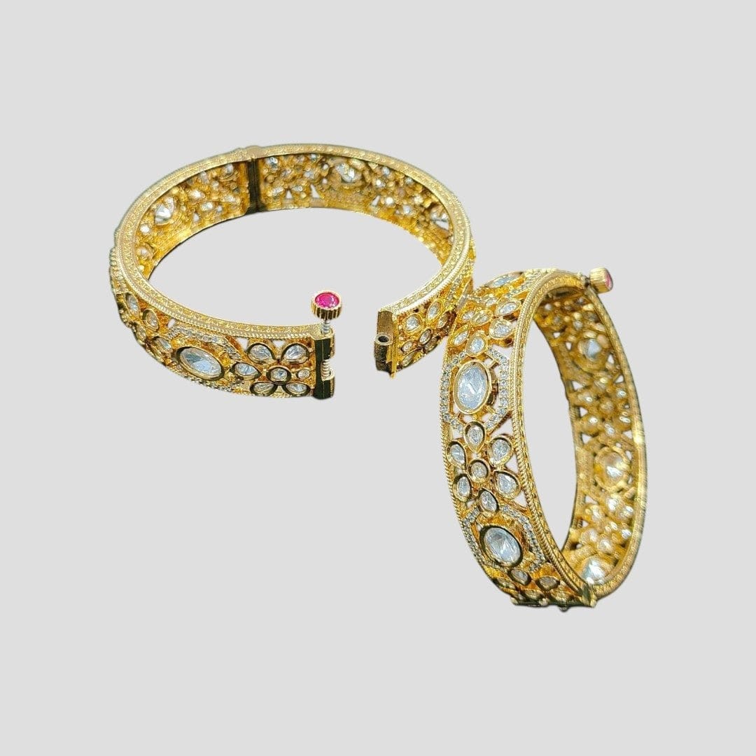 Carat Polish Gold - Plated Openable Stone Studded Bangles for Women - Auraa Trends - Bangles - - Auraa Trends - Carat polish gold - plated openable stone - studded bangles with intricate floral design โ traditional bridal and festive jewelry"